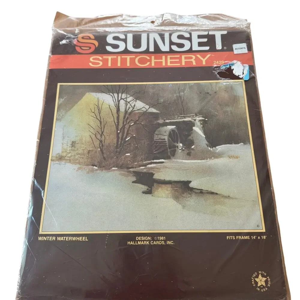 Vintage 1987 Sunset Stitchery 2429 Winter Waterwheel 14x18